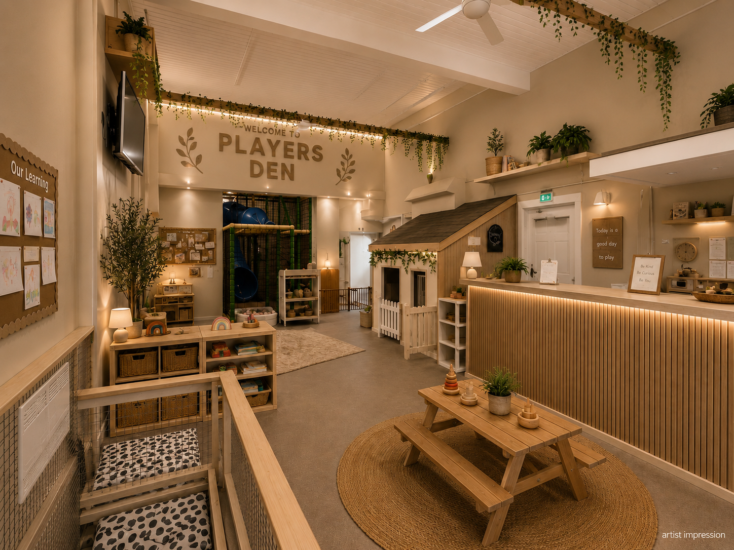 Warm, modern nursery reception and play area at Smart Start Crewe with wooden furniture, indoor playhouse and soft lighting
